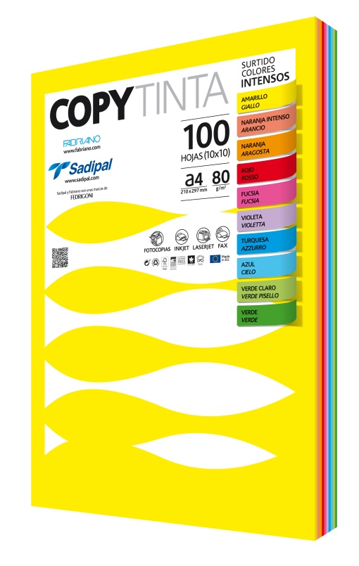 Papel Fotocópia Colorido A4 80g FABRIANO Copy Tinta Sortido Intenso 10 Cores 100 folhas
