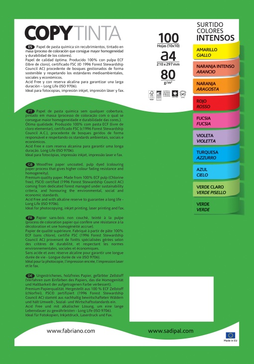 Papel fotocópia colorido A4 80g FABRIANO Copy Tinta 10 cores intensas - 100 folhas