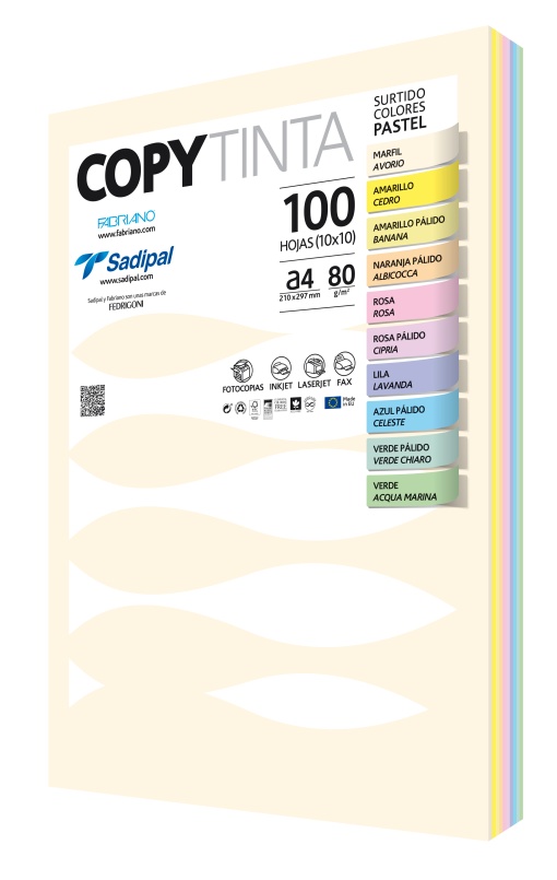 Papel Fotocópia Colorido A4 80g FABRIANO Copy Tinta Sortido Suave 10 Cores 100 folhas