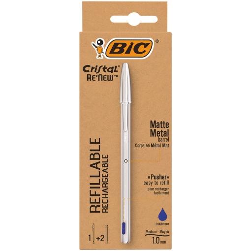 Esferográfica BIC Cristal Renew Azul Corpo Prateado com 2 Recargas
