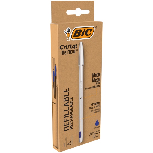 BIC Cristal Renew ballpoint pen, blue, silver body, with 2 refills.