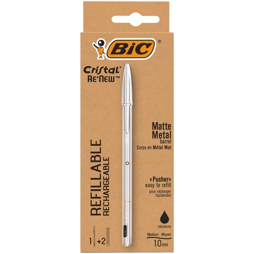 Esferográfica BIC Cristal Renew Preta Corpo Prateado com 2 Recargas