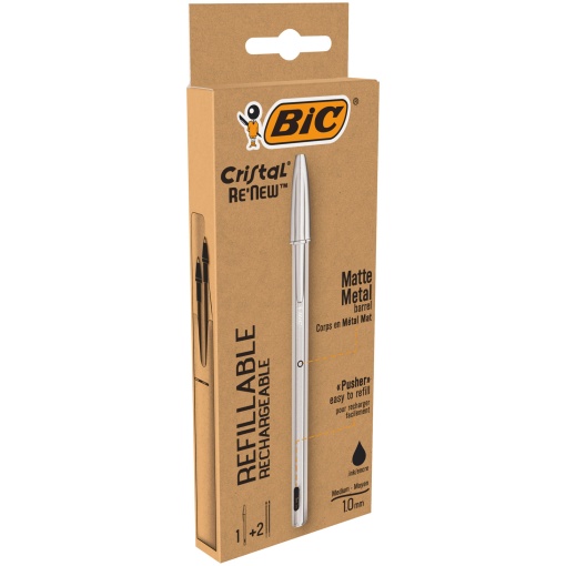 BIC Cristal Renew black ballpoint pen with silver body and 2 refills.