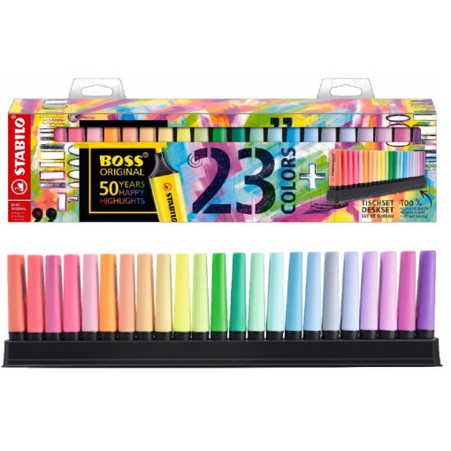 Sublinhador Fluorescente STABILO Boss Original Especial 50 Anos com 23 Cores + Suporte
