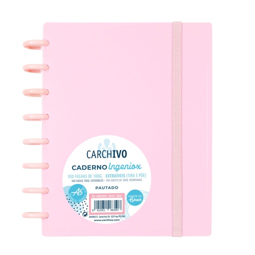 Caderno INGENIOX A5 Pautado 100 folhas com Elástico Rosa Pastel