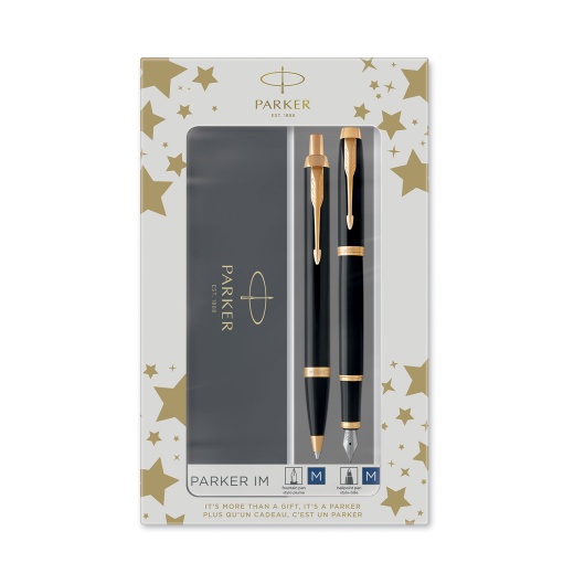 PARKER IM pen + ballpoint pen set, black lacquered, golden trim, M