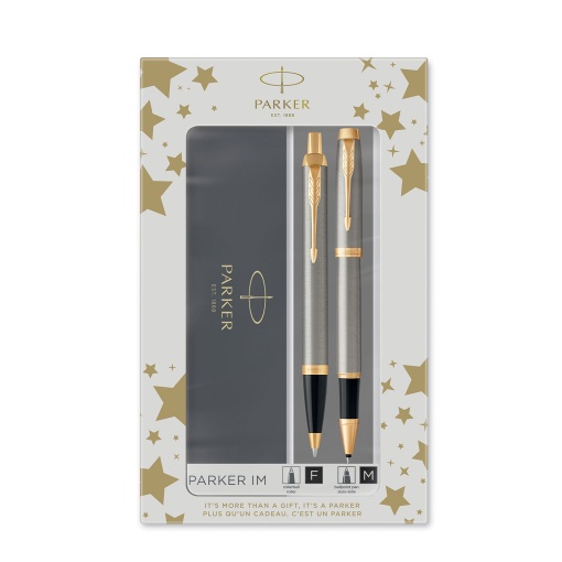 PARKER 1 ballpoint pen + rollerball set, brushed steel, golden trim, M