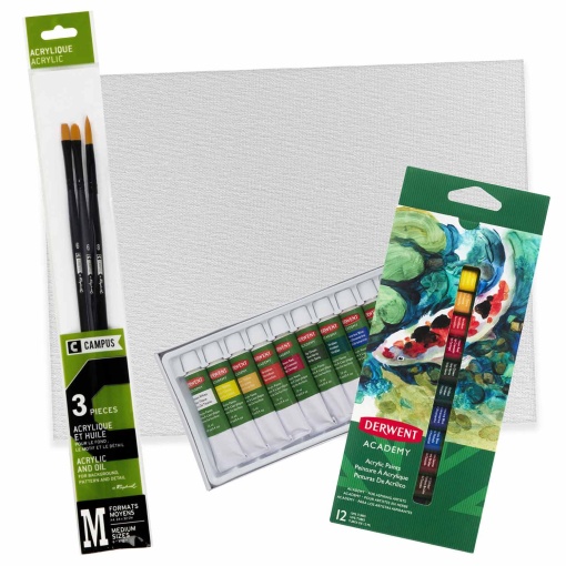 Pack pintura a acrílico DERWENT + cartão telado + pincéis