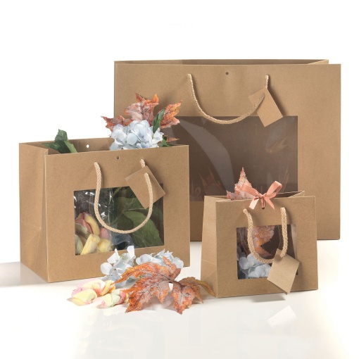 Kraft paper bag with drawstring handle and window, PNP brand, 24x19.5x14cm