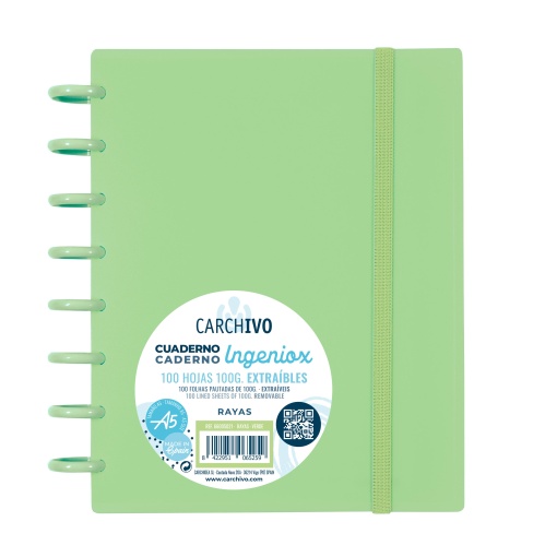 Caderno INGENIOX A5 Pautado 100 folhas com Elástico Verde Pastel