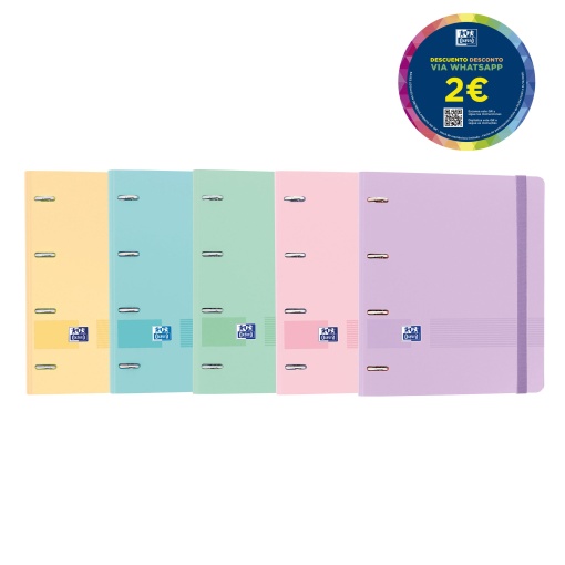 Dossier Escolar A4 com Recarga Pautada OXFORD Live&go lombada estreita 4 Argolas Cores Pastel Sortido