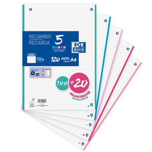 Recarga A4 OXFORD Classic Pautada 100 folhas+ 20 folhas 90g Cores Pastel