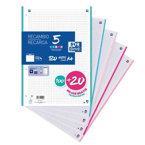 Recarga A4 OXFORD Classic Quadriculada 100 folhas+ 20 folhas 90g Cores Pastel