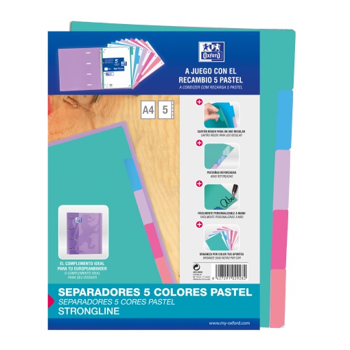 Separador cartolina A4 5 posições OXFORD Strongline pastel