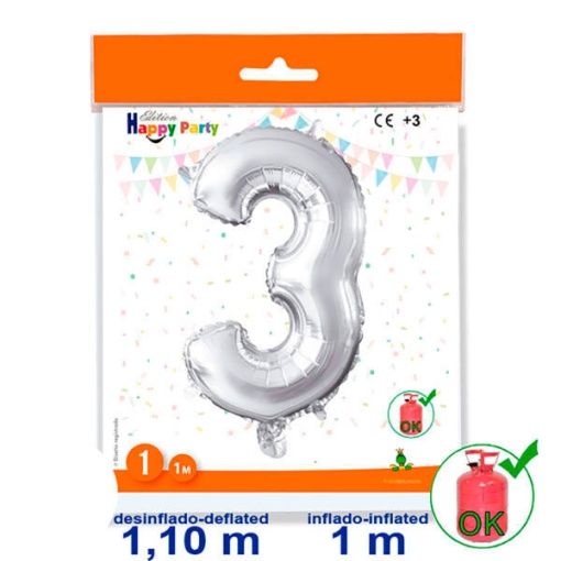 Balão foil prateado nº 3 1 m 39 3/8ö GLOBOLANDIA