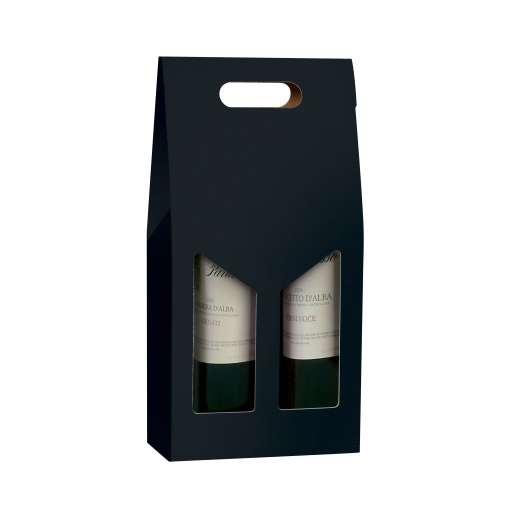 Caixa em Cartão para 2 garrafas Preto com visor + pega 18x9x38cm