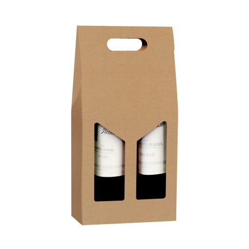 Caixa em Cartão para 2 garrafas Kraft com visor + pega 18x9x38cm