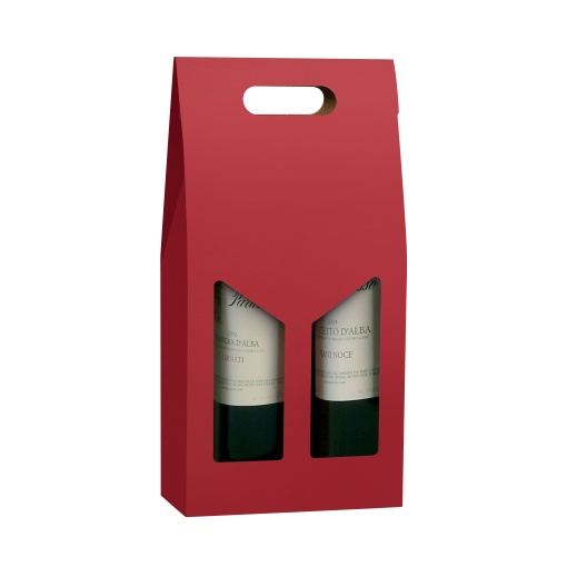 Caixa em Cartão para 2 garrafas Vermelho com visor + pega 18x9x38cm