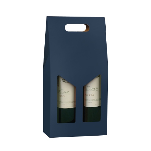 Caixa em Cartão para 2 garrafas Azul com visor + pega 18x9x38cm