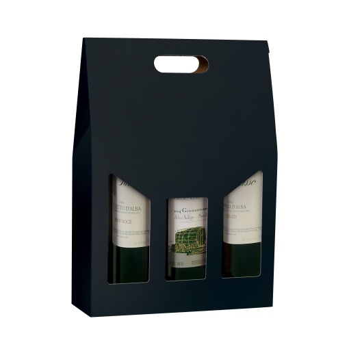 Caixa em Cartão para 3 garrafas Preto com visor + pega 27x9x38cm