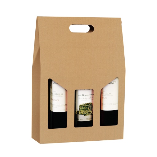Caixa em Cartão para 3 garrafas Kraft com visor + pega 27x9x38cm