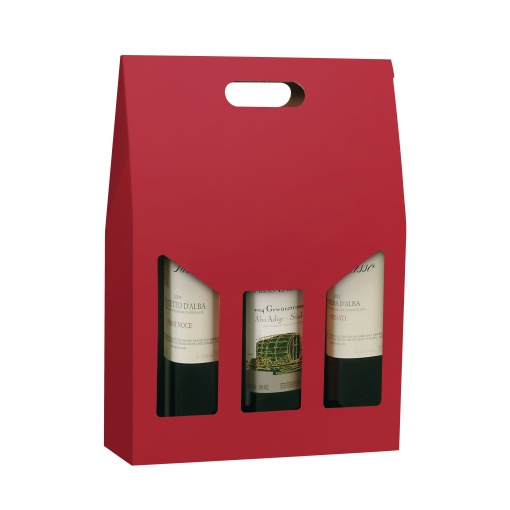 Caixa em Cartão para 3 garrafas Vermelho com visor + pega 27x9x38cm
