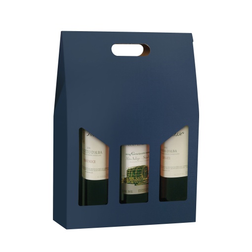 Caixa em Cartão para 3 garrafas Azul com visor + pega 27x9x38cm