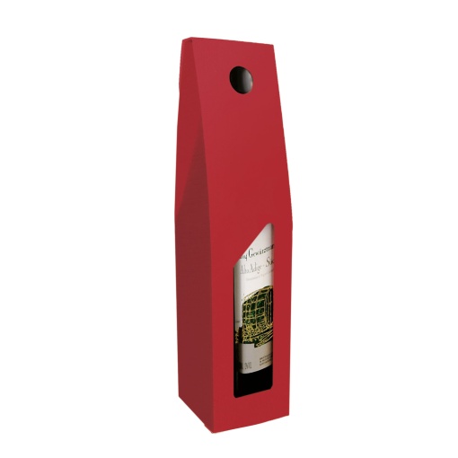 Caixa em Cartão para 1 garrafa Vermelho com visor + pega 9x9x38cm