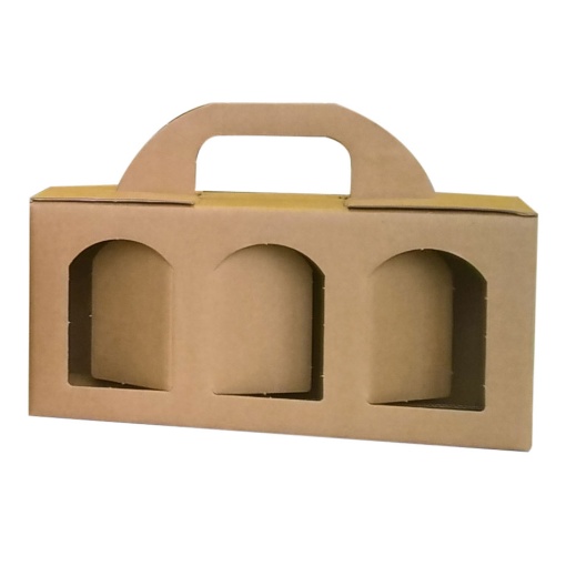 Caixa em Cartão para 3 compotas 250x80x120mm com visor + pega Kraft