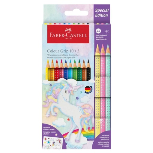 Lápis de Cor Aguarelável FABER-CASTELL Grip (10 unidades) + 3 Lápis de Cor Sparkle Pastel Ed. Unicórnio