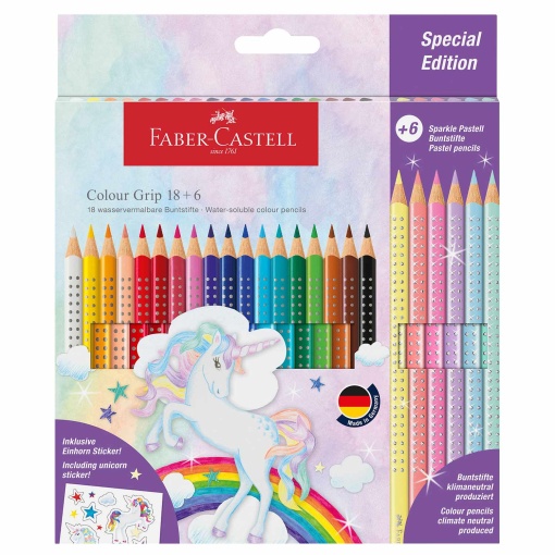 Lápis de Cor Aguarelável FABER-CASTELL Grip (18 unidades) + 6 Lápis de Cor Sparkle Pastel Ed. Unicórnio