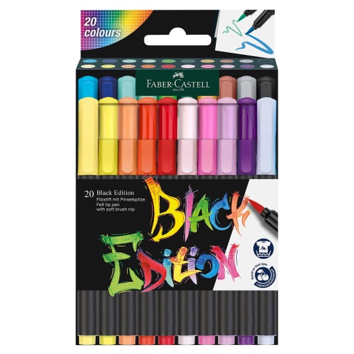 Canetas de Feltro FABER-CASTELL Black Edition Ponta Pincel 20 Cores
