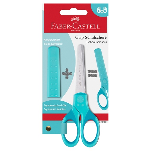 Tesoura Escolar 13,5cm Redonda FABER-CASTELL Grip com Tampa Azul Claro