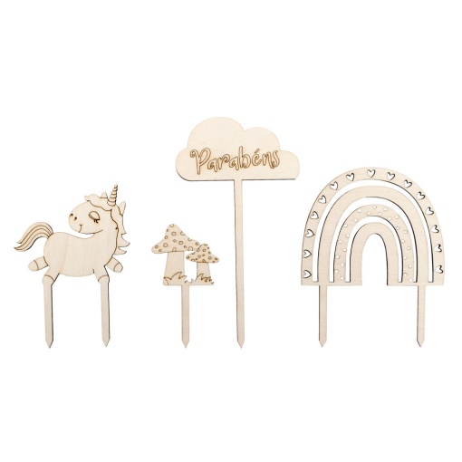 Kit Topos de Bolo de Madeira Unicórnio com 4