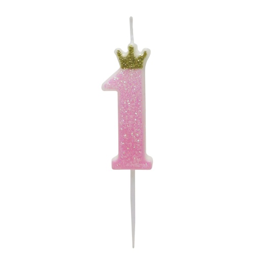 Vela de Aniversário com Glitter nº 1 Rosa/Dourado 9,5cm
