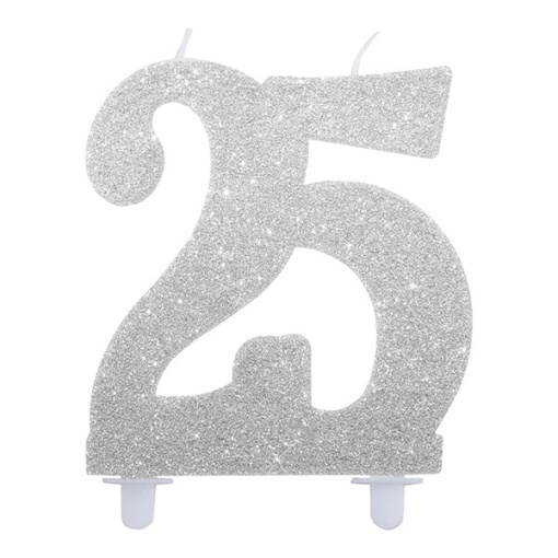 Vela de Aniversário com Glitter nº 25 Prateada 12cm