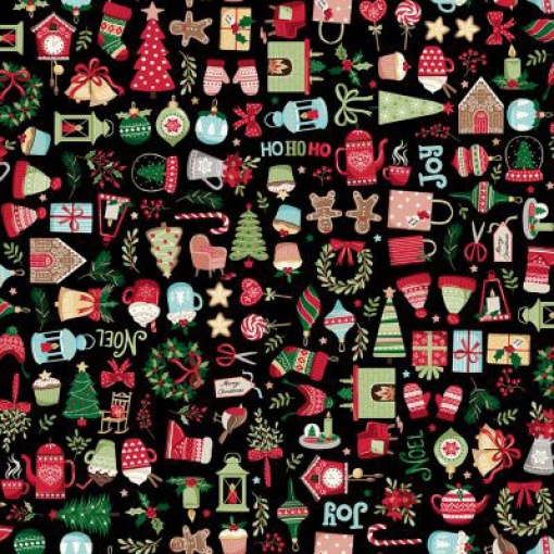 Tecido MAKOWER Cosy Christmas Ícones Preto/Multicor 1x1,12m