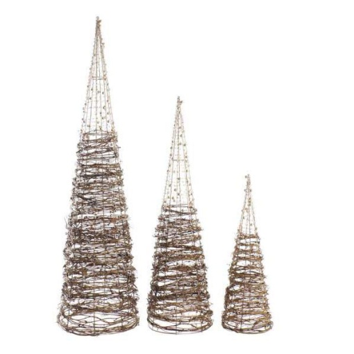 Cone de Natal em rattan com LEDs - 3 unidades