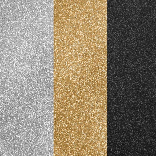 Vinil termocolante glitter para CRICUT 30,5x30,5cm 3 folhas preto/dourado/prateado