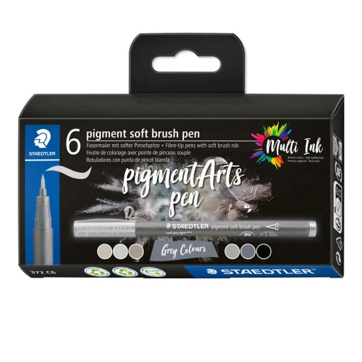 Brush Pen STAEDTLER Pigment Arts Cinzas e Preto Caixa com 6