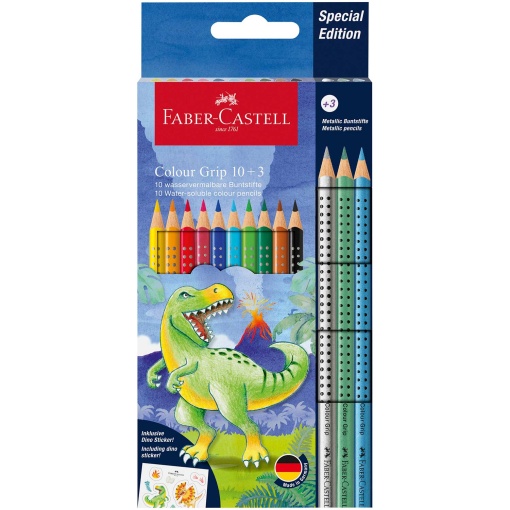 Lápis de Cor Aguarelável FABER-CASTELL Grip Dino (10 unidades) + 3 Metálicos + Autocolantes