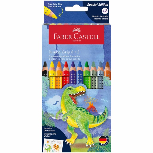 Lápis de Cor Aguarelável FABER-CASTELL Grip Jumbo Dino (8 unidades) + 2 Metálicos + Autocolantes