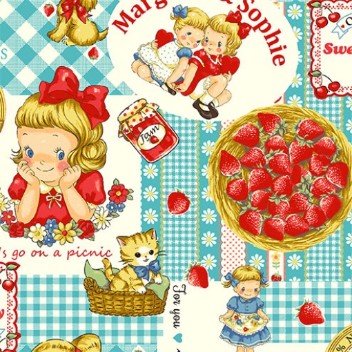 Tecido QUILTGATE Margaret & Sophie LOVE Strawberry azul 1x1,10m 7030-12d