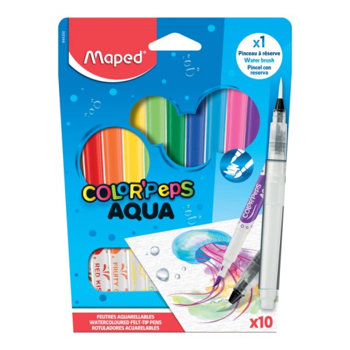 Canetas de Feltro Laváveis MAPED Color Peps Aqua com 12 + Pincel com Depósito de Água
