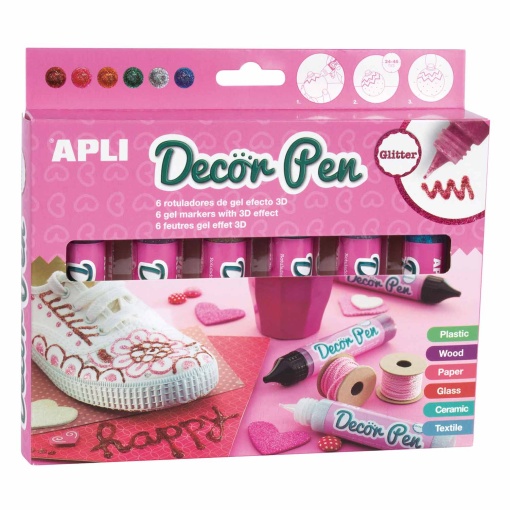 Marcador DECOR Pen 3D purpurina APLI 6 cores de 25ml