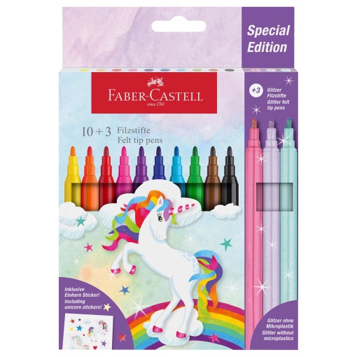 Canetas de Feltro FABER-CASTELL Unicórnio (10 unidades) + 3 unidades Glitter