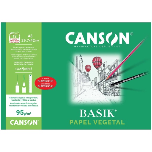 Papel Vegetal A3 95g CANSON GUARRO Basik com 12 folhas