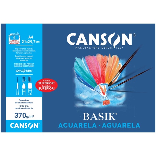 Papel Aguarela CANSON GUARRO Basik A4 370g 6 folhas Grão Fino
