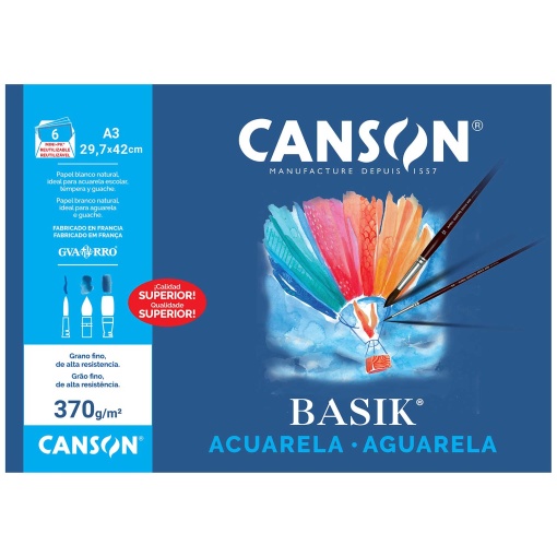 Papel Aguarela CANSON GUARRO Basik A3 370g 6 folhas Grão Fino