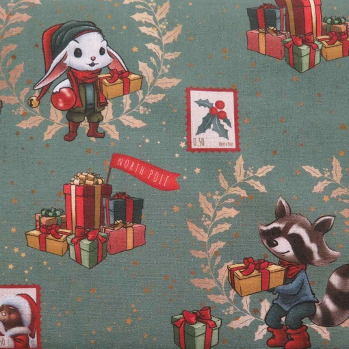 Tecido natal animais verde/multicolor 1x1,50m